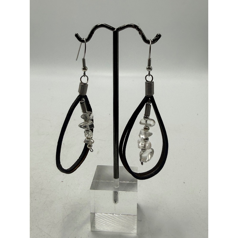 Clear Quartz Crystal Chip Leather Loop Drop Earrings Boho Silver Tone Western